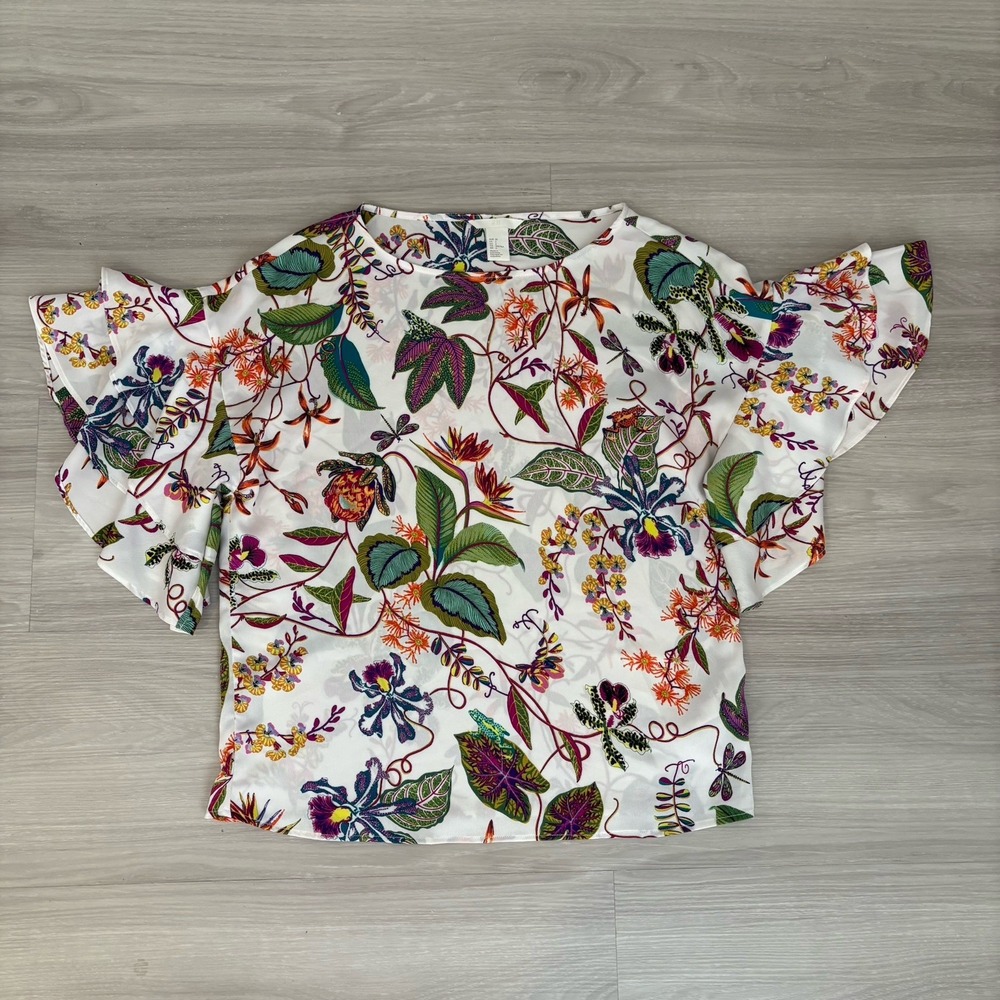 H&M Women Blouse Tropical Floral Ruffle Flutter Sleeve Blouse White Multi Size 2